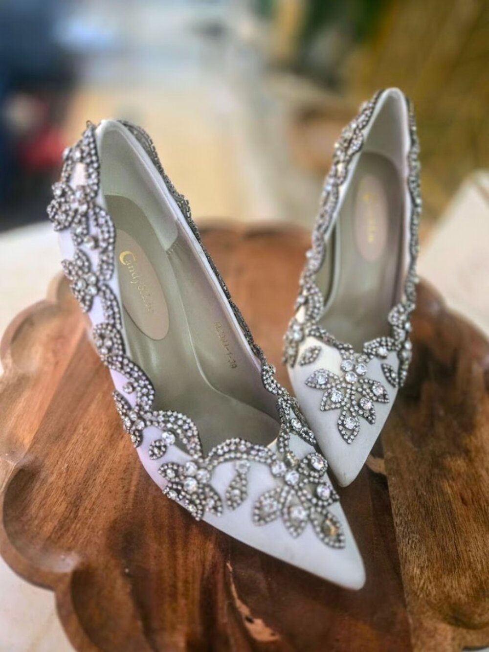Candy & Liu Bigtree Rhinestone Satin Clear Block Heel Pumps 39 / US 8.5